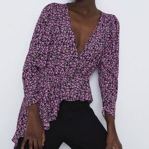 Zara Floral V-Neck Black and Pink Blouse With Single Side High Low Ruffle Size M